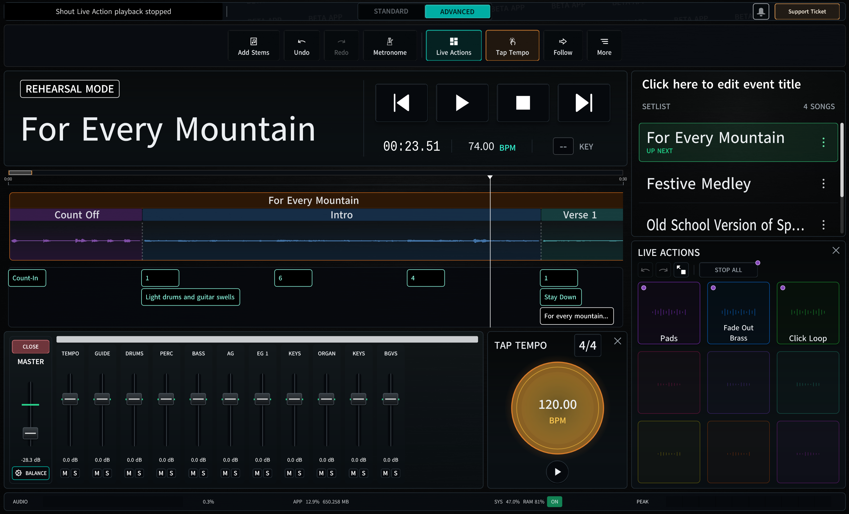 The LiveCurrent worship setlist showing songs split into Count Off, Intro, and Verse sections ready for Sunday.